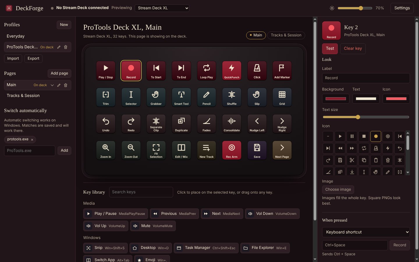 The DeckForge editor: profiles and pages on the left, the Stream Deck XL in the middle, and the settings for the selected Record key on the right